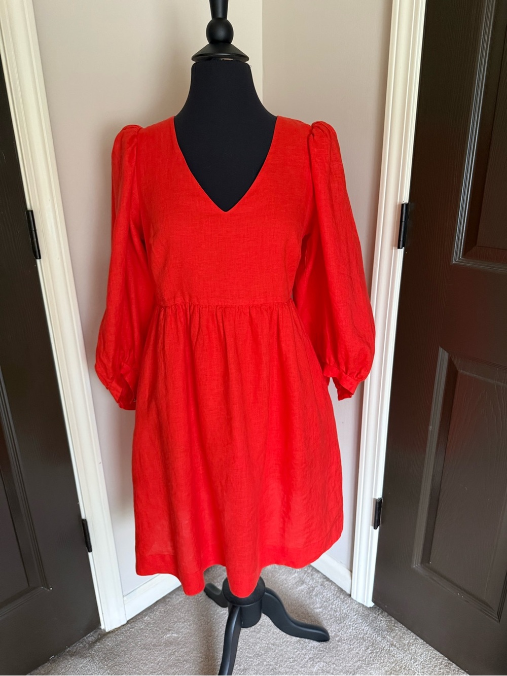 Tyler Boe Red linenV-Neck Puff Sleeve  Dress S